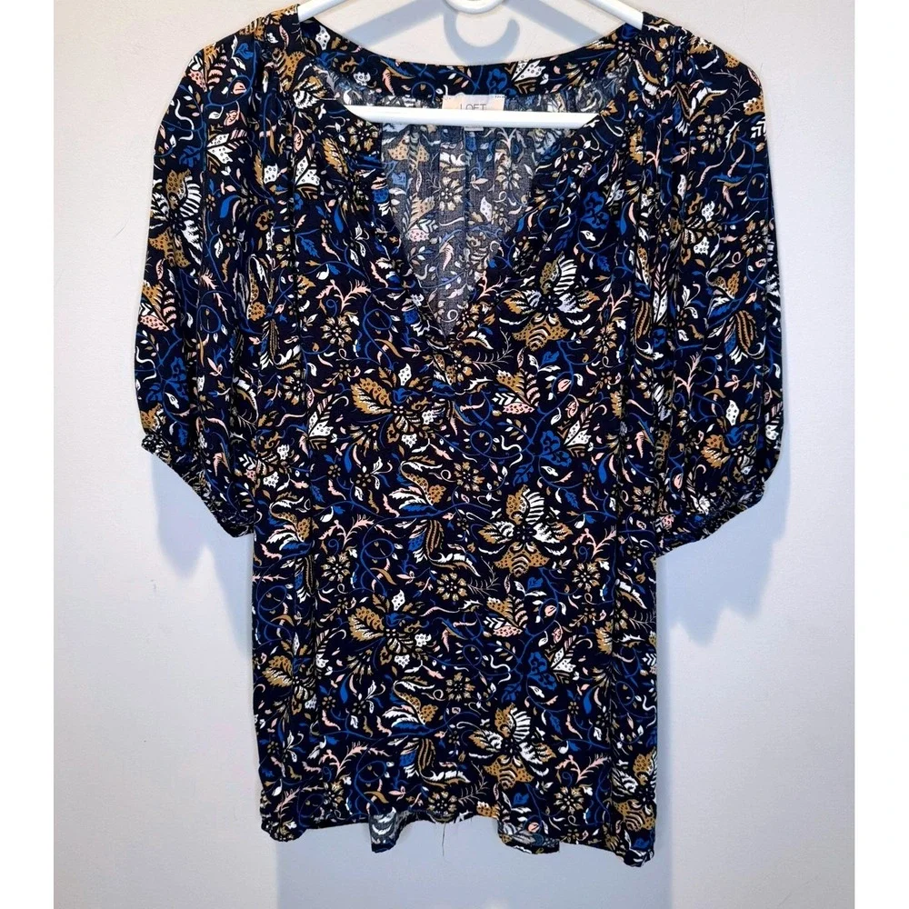 Loft Navy Floral Paisley Puff Sleeve XL Split Neck Rayon Top Boho Peasant